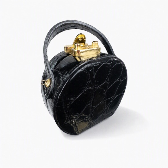 St. John Handbags - 80s Vintage St John Black Croc Embossed Leather Mini Round Bag Gold Hardware